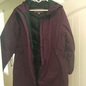 Eddie Bauer Petite down parka, grape w/ black detailing.